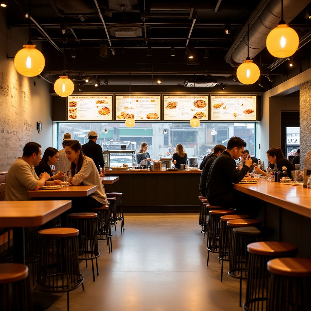 Modern interior of Aussie Fast Food restaurant with customers dining