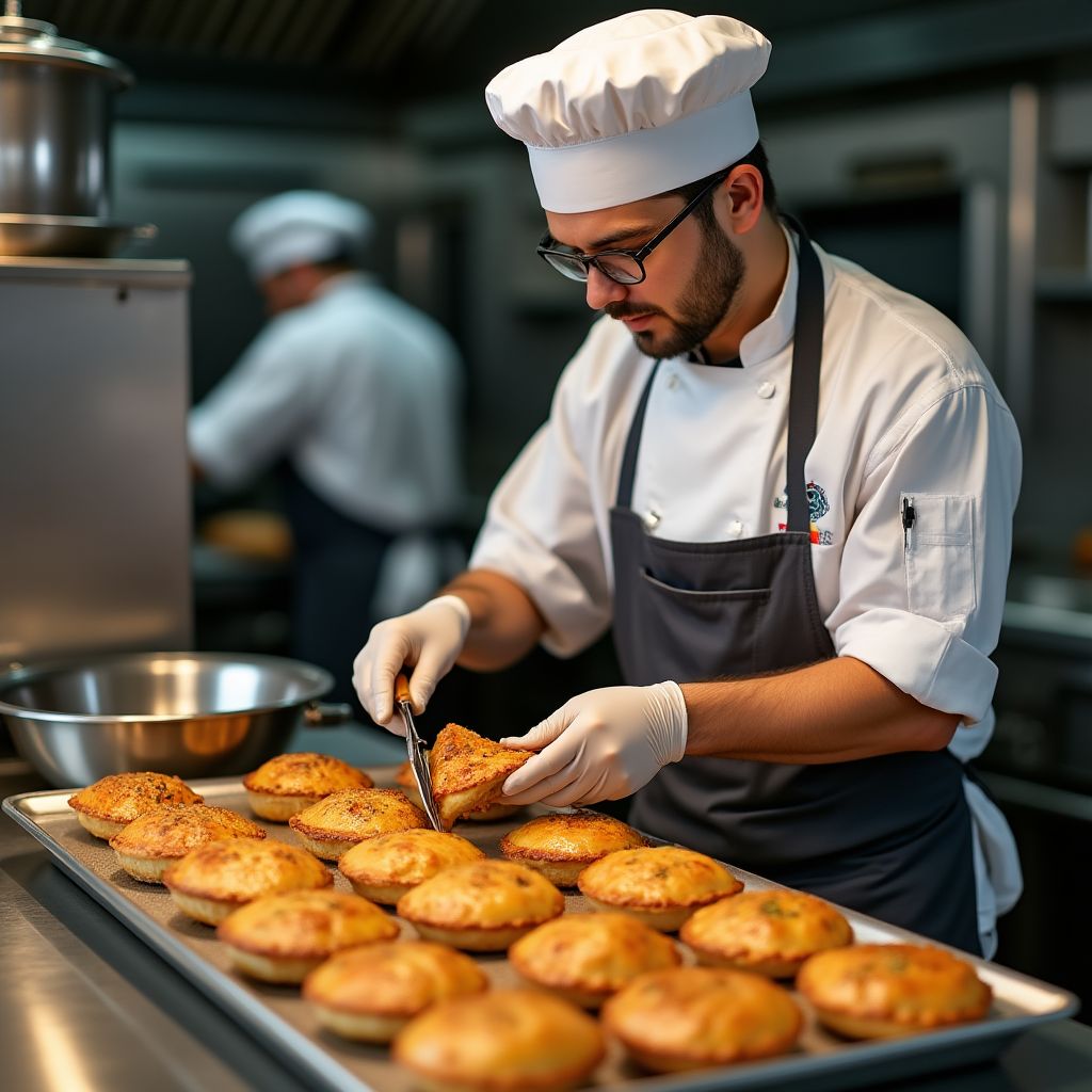 Chef preparing meat pies in professional Australian kitchen