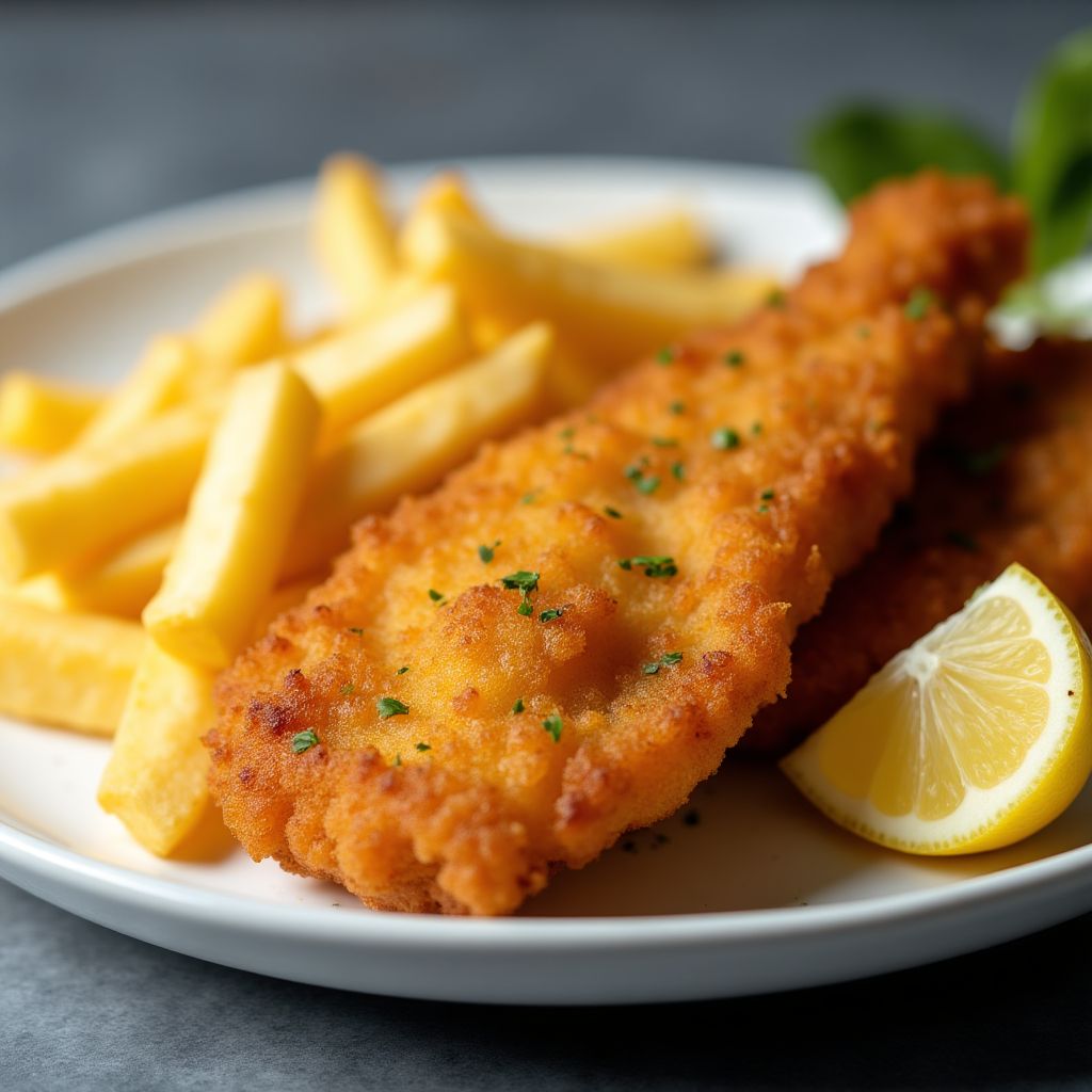 Crispy fish and chips Australian style with lemon